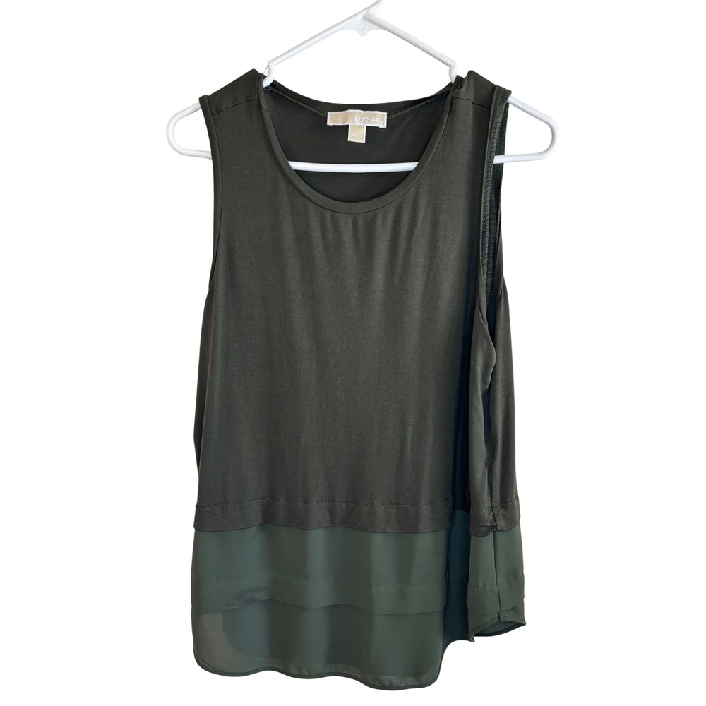 Michael Kors Olive Green Mixed Media Chiffon Hem Tank Top Earthy Gorpcore Large